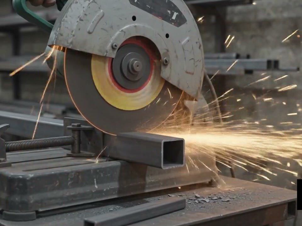 Corte de perfil estructural con disco abrasivo en el taller de Yazahe Herrería