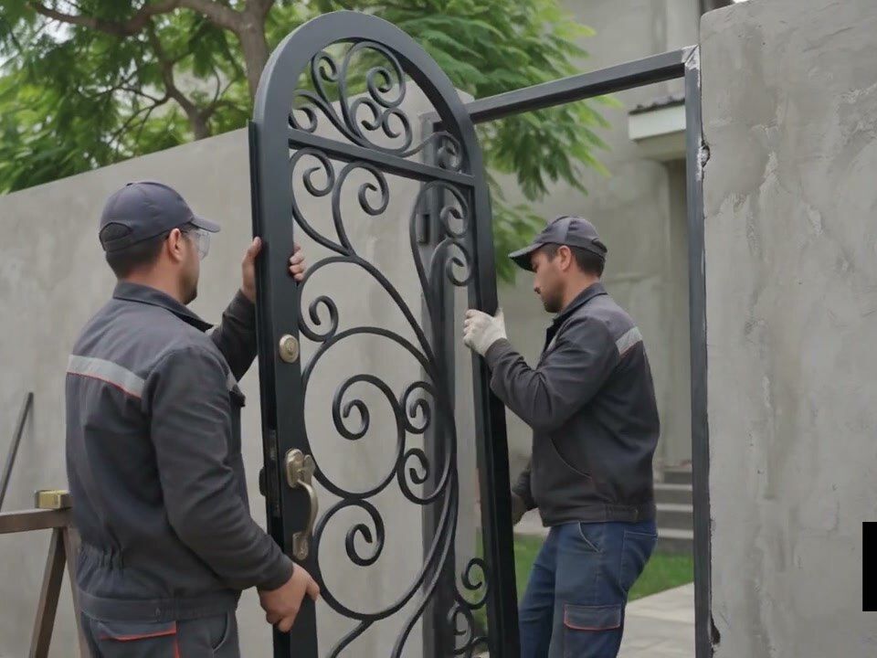 Instalación de una puerta de forja en obra por el equipo de Yazahe Herrería